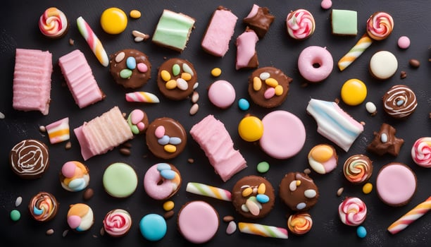 AI generated assortment of colorful sweets on black background photo