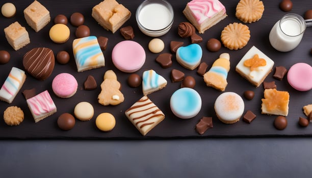 AI generated assorted cookies and milk on a black slate photo