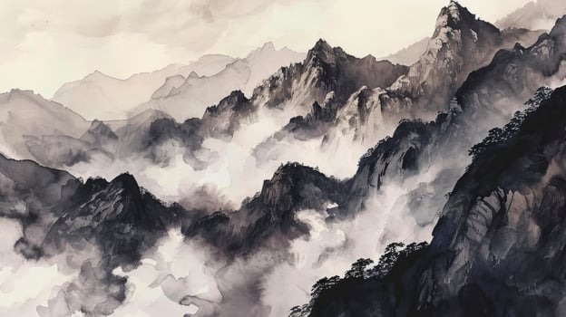 AI generated A watercolor landscape of serene mountains, inspired by the Chinese style of classical traditional ink painting. photo
