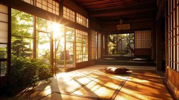 AI generated Traditional japanese empty room interior with tatami mats and sun light. photo