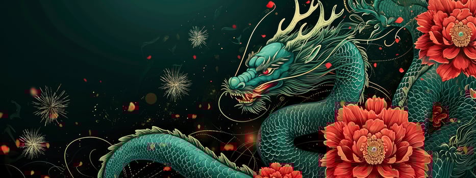AI generated Year of the Dragon. Chinese New Year. Congratulatory banner with green dragon, red flowers and fireworks. photo
