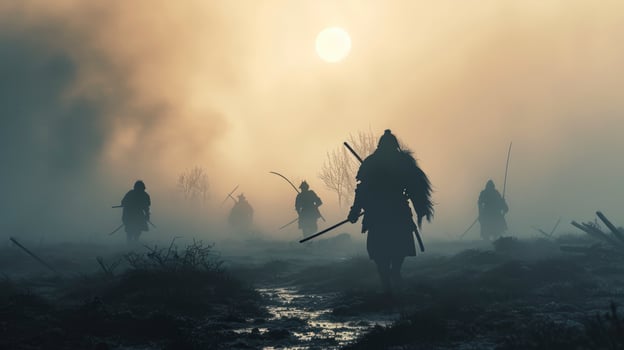 AI generated Stunning dawn scene in fog with silhouetted samurais on the historic Sekigahara battlefield, delivered in modern ink wash style and muted tones. photo