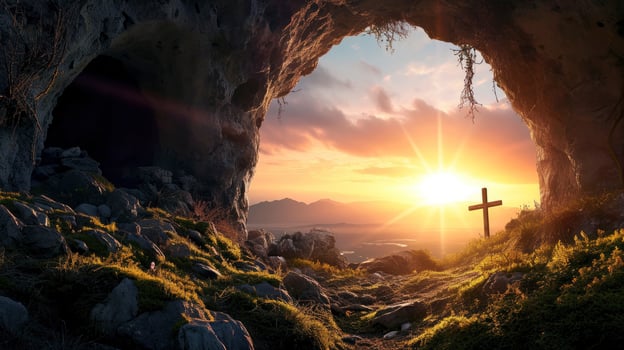 AI generated Tomb Empty With Shroud And Crucifixion At Sunrise - Resurrection Of Jesus Christ photo