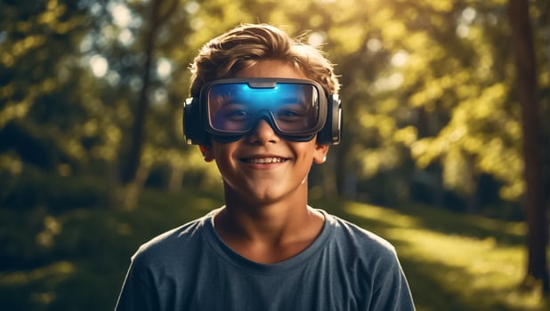 AI generated Boy in virtual reality glasses on the streets in summer photo