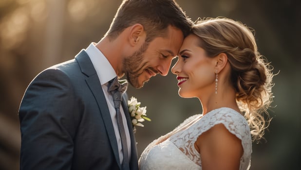 AI generated Portrait of a happy newlywed couple on the summer street photo