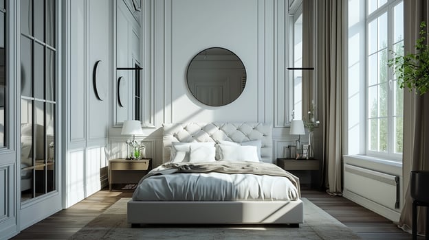 AI generated Bedroom interior design minimal aesthetic 3d rendered photo
