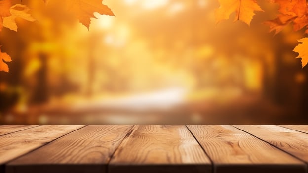 AI generated Empty wooden table with blurred autumn background photo