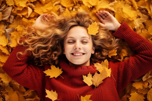 AI generated Cheerful Girl Surrounded by Fall Leaves - Joyful Autumn Portrait photo