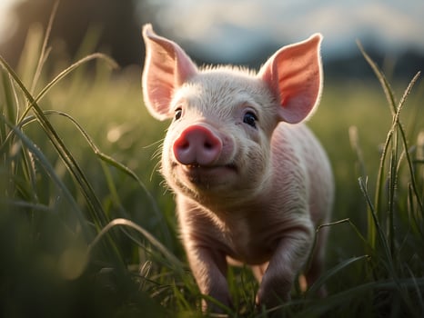 AI generated Cute little baby piglet playing in green field, animal background photo