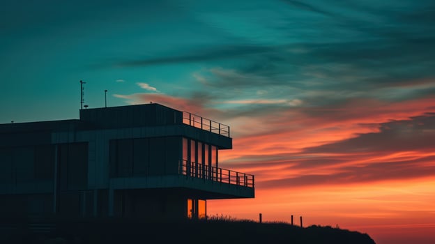 AI generated Silhouette of a sleek urban dwelling against the backdrop of a dusky sky. Generative AI photo
