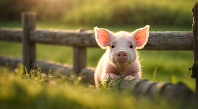 AI generated Cute little baby piglet playing in green field, animal background photo