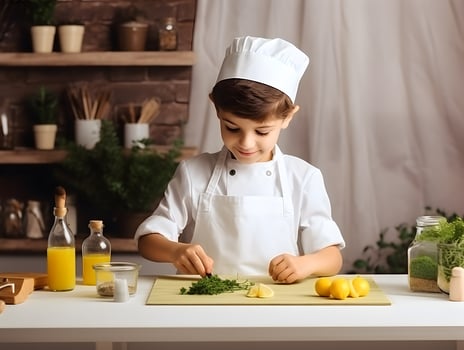 AI generated A caucasian boy dressed as a chef and preparing food in kitchen. photo