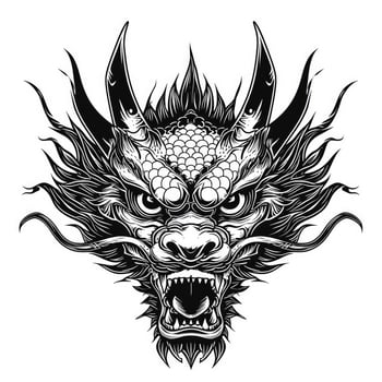 AI generated Black and white line drawing simple logo Japanese three-eyed dragon head. photo