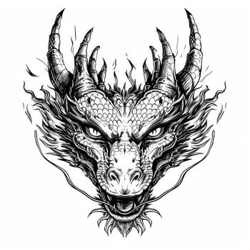 AI generated Black and white line drawing simple logo Japanese three-eyed dragon head. photo