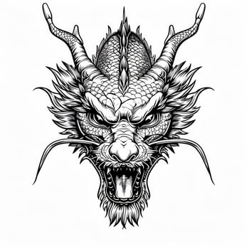 AI generated Black and white line drawing simple logo Japanese three-eyed dragon head. photo