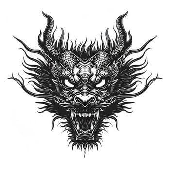 AI generated Black and white line drawing simple logo Japanese three-eyed dragon head. photo