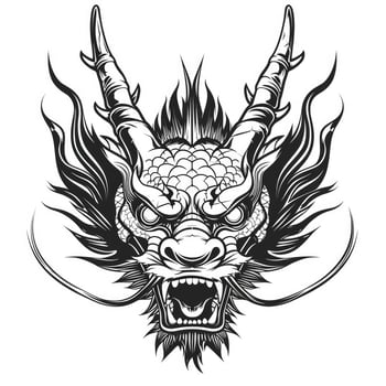AI generated Black and white line drawing simple logo Japanese three-eyed dragon head. photo