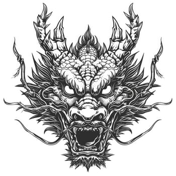 AI generated Black and white line drawing simple logo Japanese three-eyed dragon head. photo