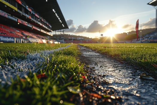 AI generated Lush green lawn at football soccer sports stadium professional photography photo