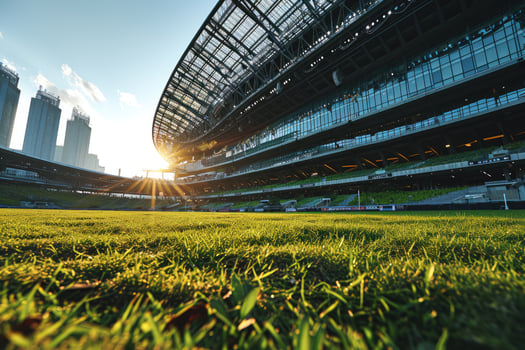 AI generated Lush green lawn at football soccer sports stadium professional photography photo