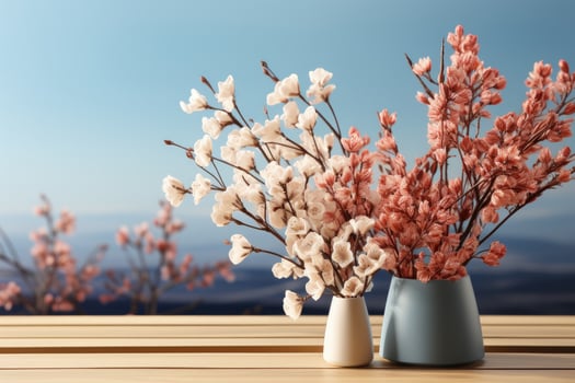 AI generated wooden table with flowers professional photography photo