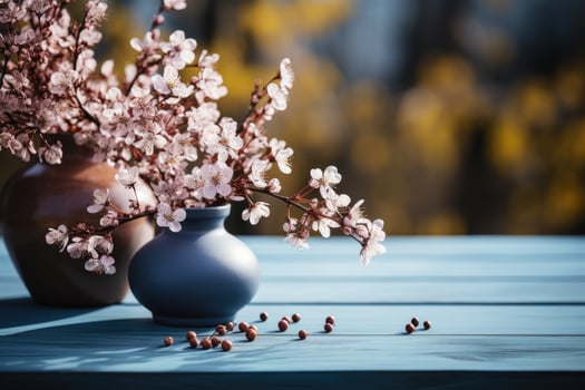 AI generated wooden table with flowers in the background professional photography photo