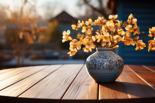 AI generated wooden table with flowers in the background professional photography photo