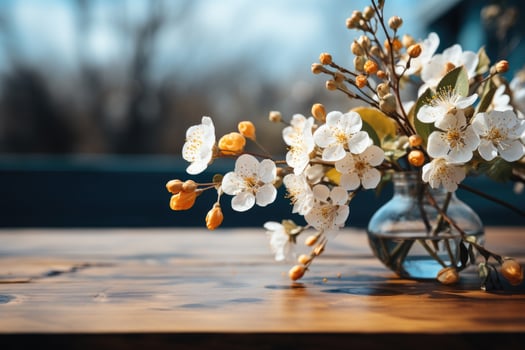 AI generated wooden table with flowers in the background professional photography photo