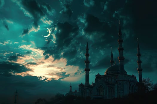 AI generated Crescent and bright star in the sky, above the mosque photo