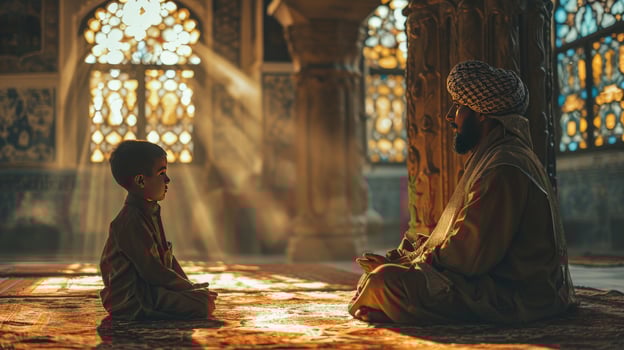 AI generated Muslim father teach son in the mosque photo