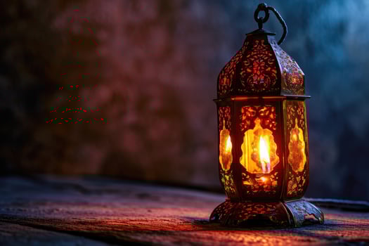 AI generated Ornamental Arabic lantern with burning candle glowing at night. Muslim holy month Ramadan Kareem. photo
