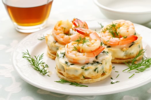 AI generated Vol au vent with shrimp and sauce. Puff pastry stuffed with cream cheese and prawns. Generative AI photo