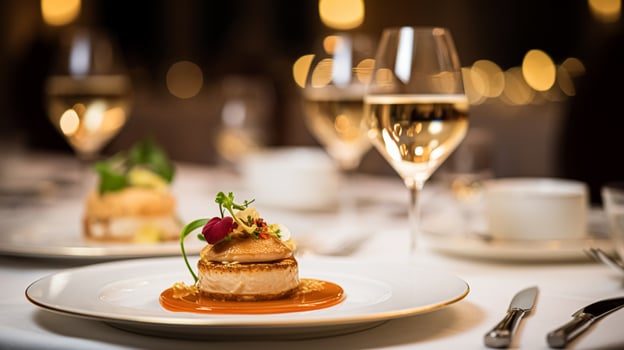 AI generated Exquisite main course meal at a luxury restaurant, wedding food catering and English cuisine photo