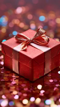 AI generated Joyous presentation Festive tinsel accents a vibrant red gift box Vertical Mobile Wallpaper photo