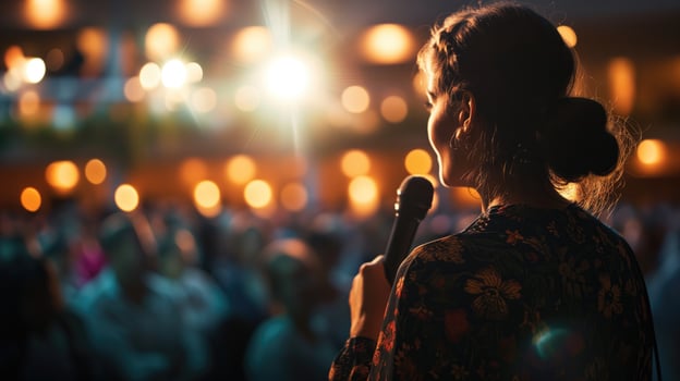 AI generated Woman giving a speech at a crowded event photo