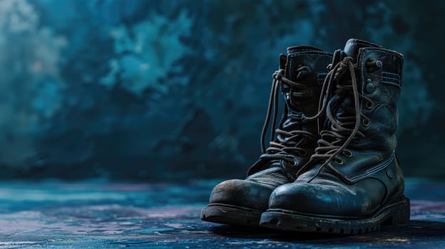 AI generated Worn combat boots on a textured blue surface photo
