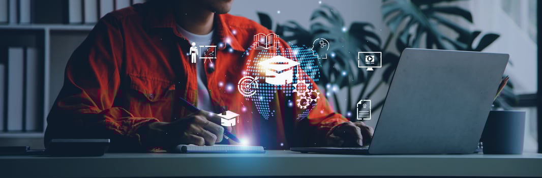 E-learning graduate certificate program concept. Man hands showing graduation hat in light bulb, Internet education course degree, study knowledge, creative thinking idea, problem-solving solution. photo