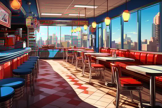 AI generated Interior of a modern cafe with red chairs and tables, 3d render, An old American diner in the style of pop art, AI Generated photo