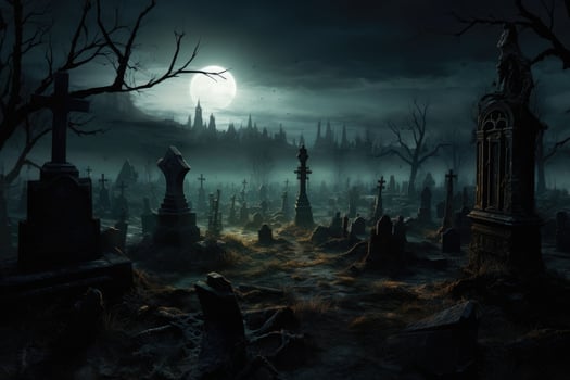 AI generated Halloween background with cemetery and full moon. 3D rendering, An ominous, haunting graveyard under the full moon's light, AI Generated photo