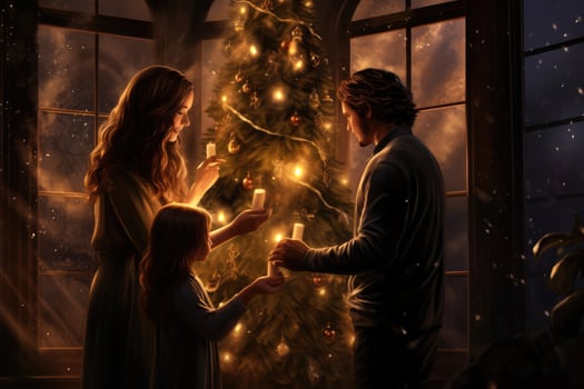 AI generated Happy family decorating Christmas tree at home. Mother, father and children at home, A family lighting up a Christmas tree together, AI Generated photo