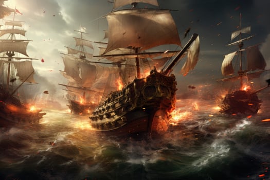 AI generated 3D Illustration of a battle scene with a pirate ship, An epic battle between pirates on the high seas, AI Generated photo