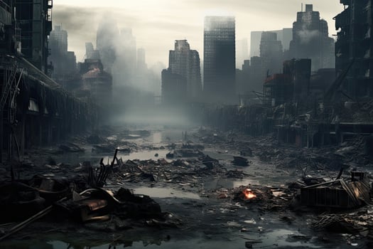 AI generated Dramatic urban landscape with burning buildings and a river in the foreground, AI Generated photo