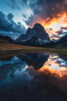 AI generated a breathtaking view of jagged mountain peaks rising prominently against the backdrop of a vibrant sky painted with hues of pink and turquoise. photo