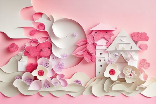 AI generated Colorful paper cut style flowers and leaves romantic scenery. Valentines Day. Mother's Day anniversary. Pro Photo