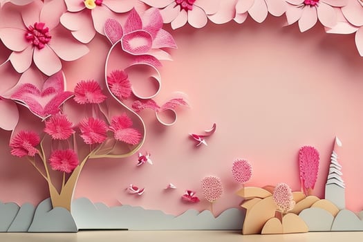 AI generated Colorful paper cut style flowers and leaves romantic scenery. Valentines Day. Mother's Day anniversary. Pro Photo
