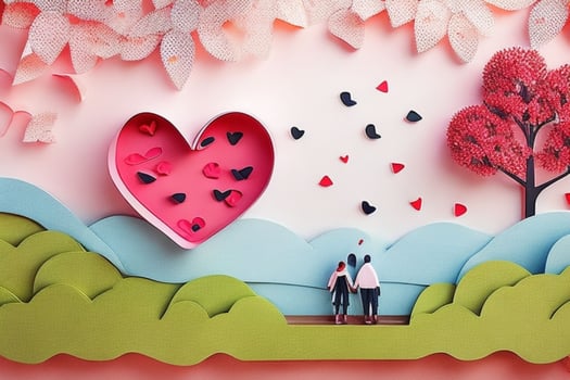 AI generated Cute love paper cut style romantic scenery. Valentines Day. Mother's Day anniversary. Pro Photo