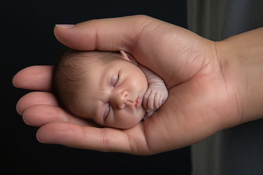 AI generated Newborn baby sleeping in mother's hand on dark background, closeup, AI Generated photo