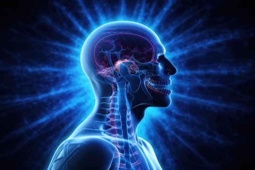 AI generated 3D Illustration of Female Muscles Anatomy with highlighted brain, AI Generated photo