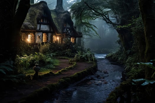 AI generated Fantasy house in the forest at night with a small river, AI Generated photo