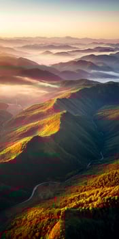 AI generated Aerial view of mountains in low clouds at sunrise in autumn. Top drone view of hills with red and orange trees in fog, colorful sky in fall. Slovenia. Nature. Mountain valley. photo